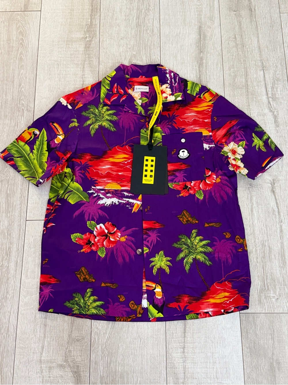 Moncler Purple Tropical Print Short-Sleeve Button-Down Shirt men 44